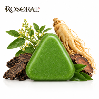 Rosorae Botanical Scalp Revival Bar with natural ginseng, fo-ti root and wusma herb on white background