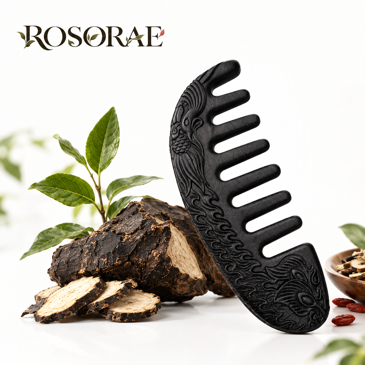 Black carved acupressure comb displayed alongside raw he shou wu root and natural herbal incense ingredients