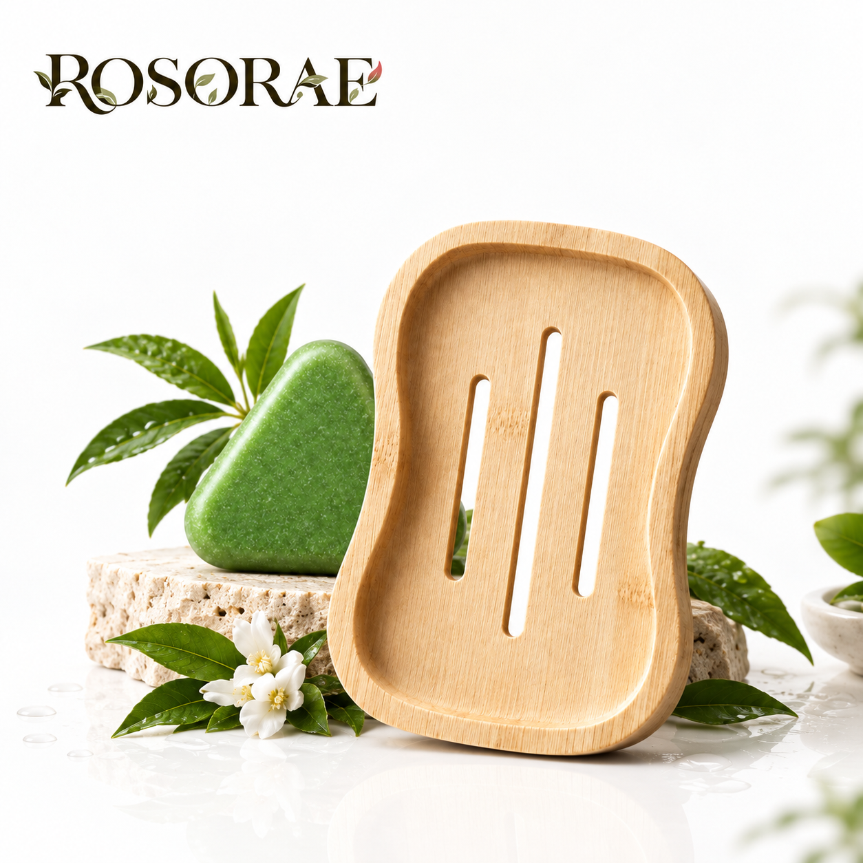 Close-up of three vertical water drainage slots on curved wooden soap holder preventing soap melting