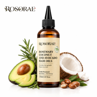 Rosorae cold-pressed rosemary coconut and avocado hair oil bottle on white background with precision nozzle applicator